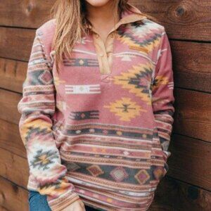 Simply Southern Pink and Gray Aztec Fleece Pullover Button Up Sweater Medium